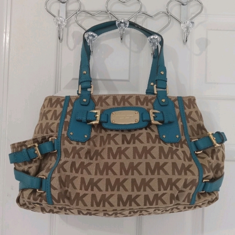 END 30-APR | MK Brown and Teal Signature Tote Bag